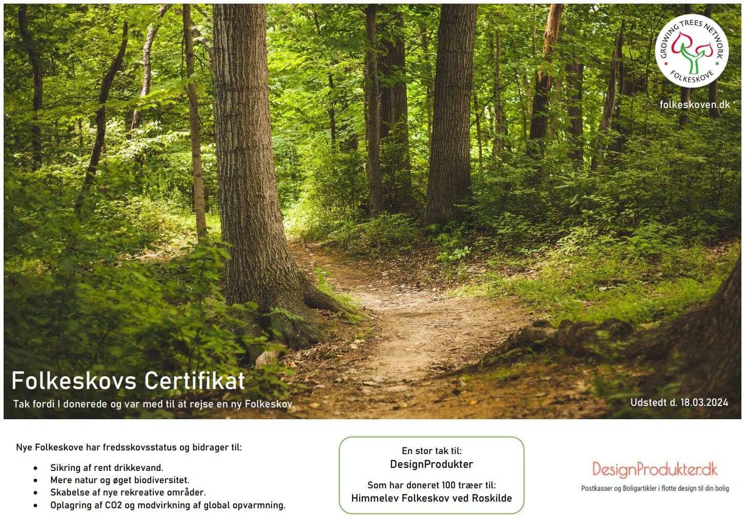 DesignProdukters Certifikat for at hjælpe med at plante træer i danske folkeskove.