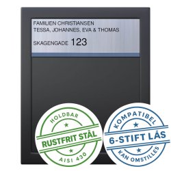 BASE Exclusive postkasse - med Dansk 6-stifts ls - Rustfrit Stl Indkast - Inkl. SORT Stickersark