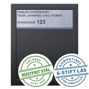 BASE Exclusive postkasse - med Dansk 6-stifts ls - Rustfrit Stl Indkast - Inkl. SORT Stickersark