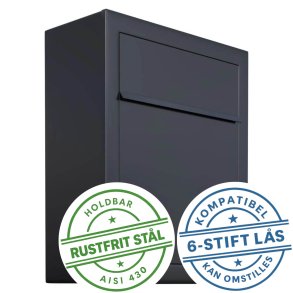 BASE Exclusive postkasse - med Dansk 6 Stift ls - Lavet af Sort lakeret Rustfritstl