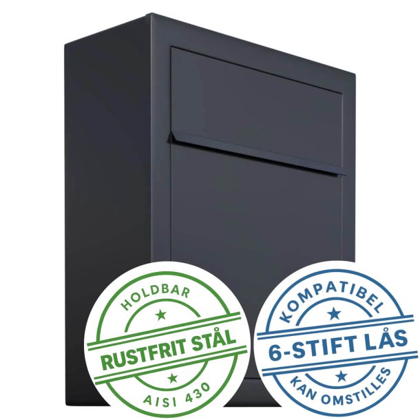 BASE Exclusive postkasse - med Dansk 6 Stift ls - Lavet af Sort lakeret Rustfritstl