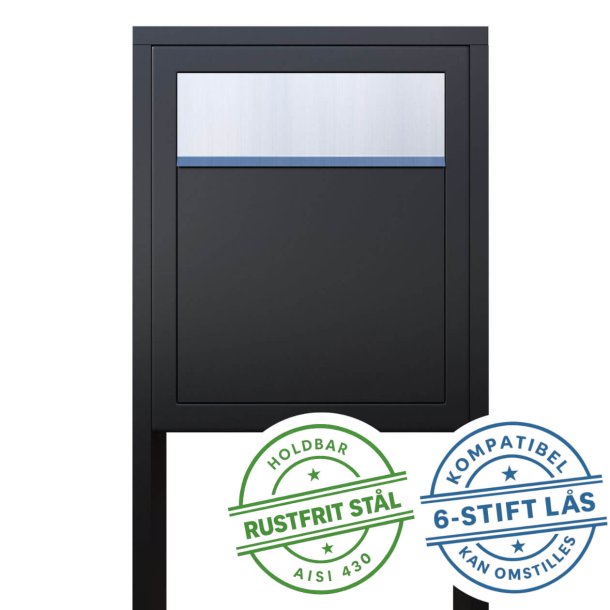 Sort Base Exclusive postkasse m. stander - 6-stift ls - Rustfrit Stl Indkast - + SORT Stickesark