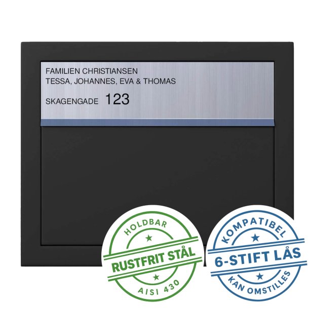 Elegance Exclusive postkasse - med 6 stift ls - Rustfrit stl indkast - Inkl. SORT Stickersark