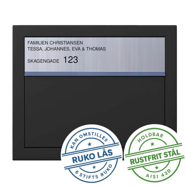Elegance Exclusive postkasse - med RUKO ls - Rustfrit stl indkast - INCL. SORT Stickersark.