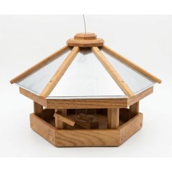 Fuglefoderhus med silo til fuglefoder -  lavet af kraftigt egetr� med zink tag