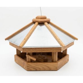 Fuglefoderhus med silo til fuglefoder -  lavet af kraftigt egetr� med zink tag