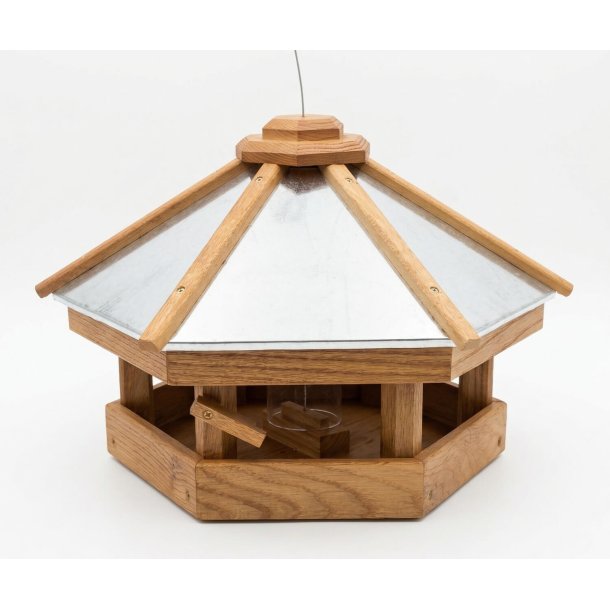 Fuglefoderhus med silo til fuglefoder -  lavet af kraftigt egetr� med zink tag