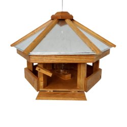 Fuglefoderhus med silo til fuglefoder -  lavet af kraftigt egetr� med zink tag