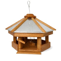 Fuglefoderhus med silo til fuglefoder -  lavet af kraftigt egetr� med zink tag