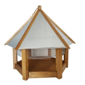 Smukt fuglefoderhus i kraftigt egetr med zink tag og net til at holde store fugle vk.