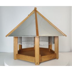 Smukt fuglefoderhus i kraftigt egetr med zink tag og net til at holde store fugle vk.